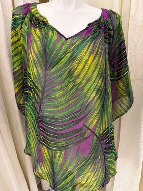 Worthington Woman Multicolor Leaf-Print Blouse in Purple, Green & Yellow